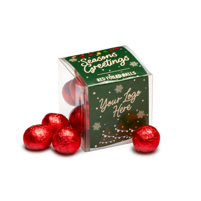 Picture of WINTER COLLECTION - CLEAR TRANSPARENT CUBE - RED FOILED BALLS.