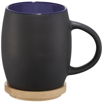 Picture of HEARTH 400 ML CERAMIC POTTERY MUG with Wood Coaster in Solid Black & Blue.