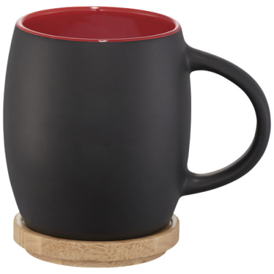 Picture of HEARTH 400 ML CERAMIC POTTERY MUG with Wood Coaster in Solid Black & Red