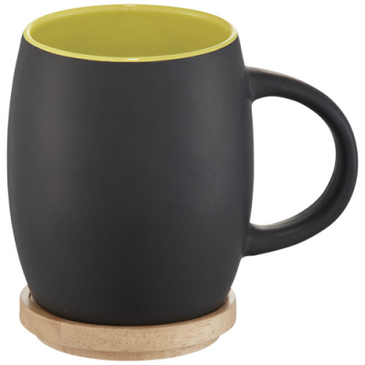 Picture of HEARTH 400 ML CERAMIC POTTERY MUG with Wood Lid-coaster in Black Solid-lime