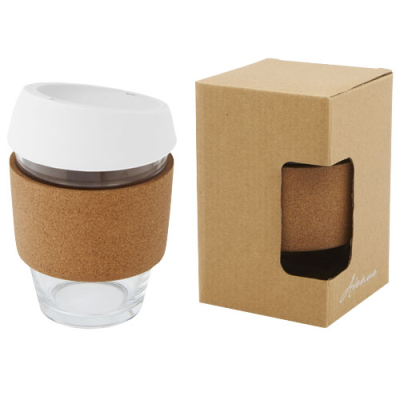 Picture of LIDAN 360 ML BOROSILICATE GLASS TUMBLER with Cork Grip & Silicon Lid in White.