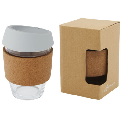 Picture of LIDAN 360 ML BOROSILICATE GLASS TUMBLER with Cork Grip & Silicon Lid in Grey.