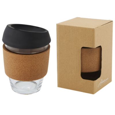 Picture of LIDAN 360 ML BOROSILICATE GLASS TUMBLER with Cork Grip & Silicon Lid in Solid Black.