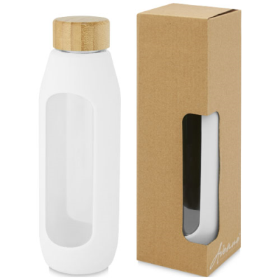 Picture of TIDAN 600 ML BOROSILICATE GLASS BOTTLE with Silicon Grip in White.