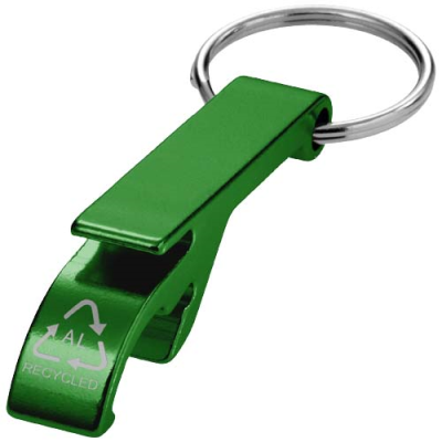 Picture of TAO RCS RECYCLED ALUMINIUM METAL BOTTLE AND CAN OPENER with Keyring Chain in Green.