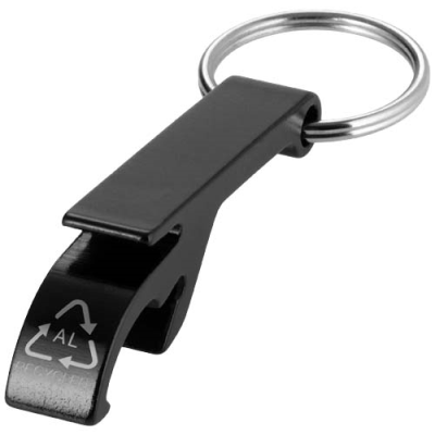 Picture of TAO RCS RECYCLED ALUMINIUM METAL BOTTLE AND CAN OPENER with Keyring Chain in Solid Black.