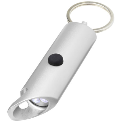 Picture of FLARE RCS RECYCLED ALUMINIUM METAL IPX LED LIGHT AND BOTTLE OPENER with Keyring Chain in Silver.