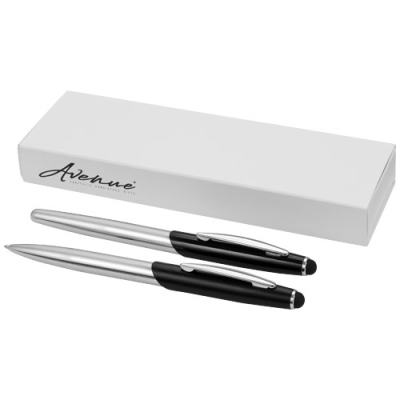 Picture of GENEVA STYLUS BALL PEN AND ROLLERBALL PEN SET in Silver & Solid Black.