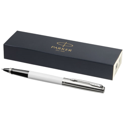 Picture of PARKER JOTTER PLASTIC with Stainless Steel Metal Rollerball Pen in White.