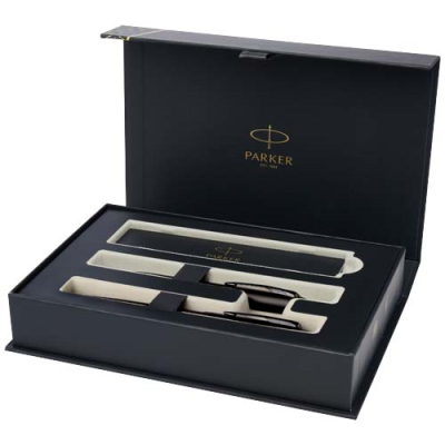 Picture of PARKER IM ACHROMATIC BALL PEN AND ROLLERBALL PEN SET with Gift Box in Solid Black.