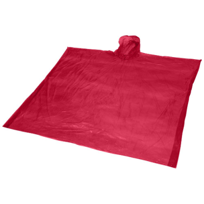 MAYAN RECYCLED PLASTIC DISPOSABLE RAIN PONCHO with Storage Pouch in Red.