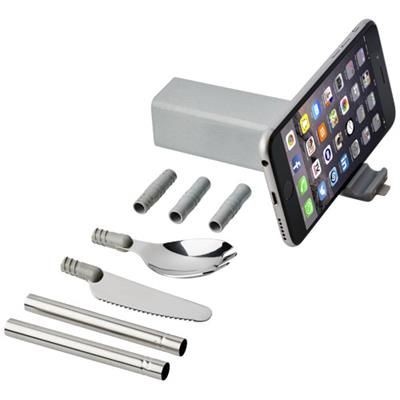 Picture of GALEN WHEAT STRAW CUTLERY SET with Mobile Phone Holder in Grey