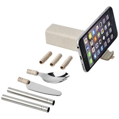 Picture of GALEN WHEAT STRAW CUTLERY SET with Mobile Phone Holder in Beige