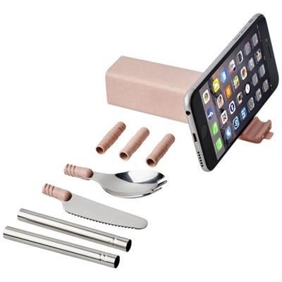 Picture of GALEN WHEAT STRAW CUTLERY SET with Mobile Phone Holder in Light Pink