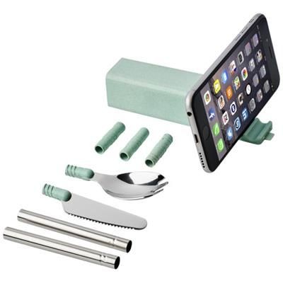 Picture of GALEN WHEAT STRAW CUTLERY SET with Mobile Phone Holder in Mints