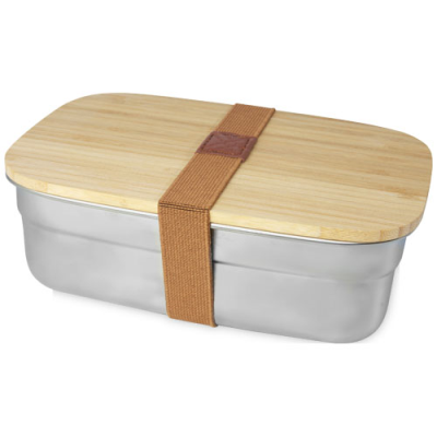 Picture of TITE STAINLESS STEEL METAL LUNCH BOX with Bamboo Lid in Natural & Silver