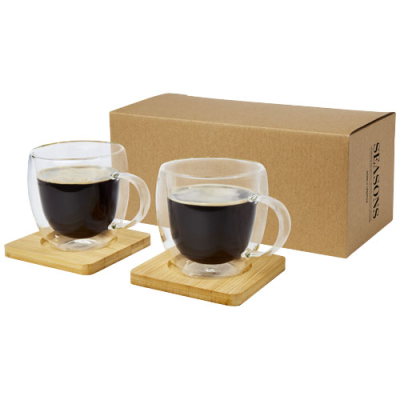 Picture of MANTI 2-PIECE 250 ML DOUBLE-WALL GLASS CUP with Bamboo Coaster in Clear Transparent & Natural