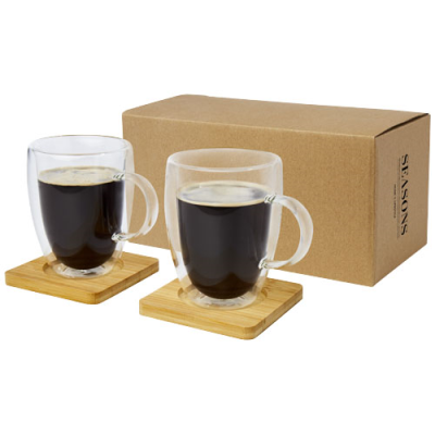 Picture of MANTI 2-PIECE 350 ML DOUBLE-WALL GLASS CUP with Bamboo Coaster in Clear Transparent & Natural.