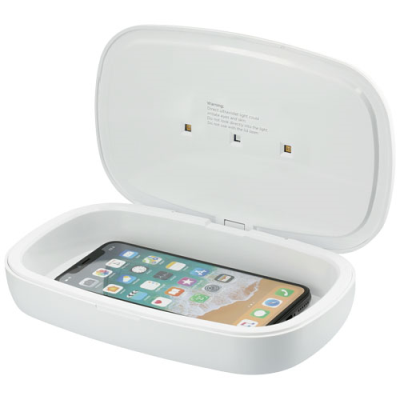 Picture of CAPSULE UV SMARTPHONE SANITISER with 5W Cordless Charger Pad in White.