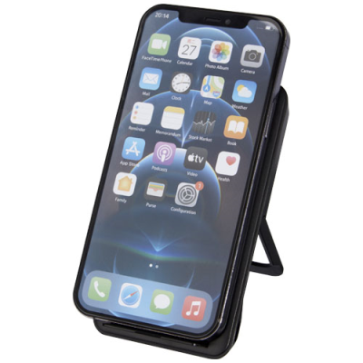 Picture of LOOP 10W RECYCLED PLASTIC CORDLESS CHARGER PAD with Phone Stand in Solid Black.