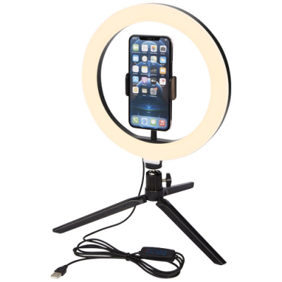 Picture of STUDIO RING LIGHT FOR SELFIES AND VLOGGING with Mobile Phone Holder & Tripod in Solid Black.