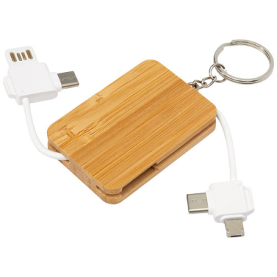 Picture of REEL 6-IN-1 RETRACTABLE BAMBOO KEYRING CHARGER CABLE in Natural.