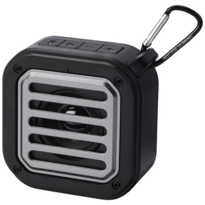 Picture of SOLO 3W IPX5 RCS RECYCLED PLASTIC SOLAR BLUETOOTH® SPEAKER with Carabiner in Solid Black