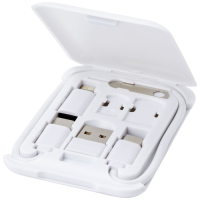 Picture of SAVVY RECYCLED PLASTIC MODULAR CHARGER CABLE with Mobile Phone Holder in White.