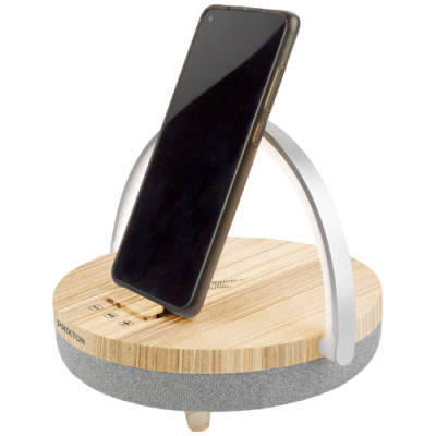 Picture of PRIXTON 4-IN-1 10W BLUETOOTH® SPEAKER with LED Light & Cordless Charger Base in Wood.