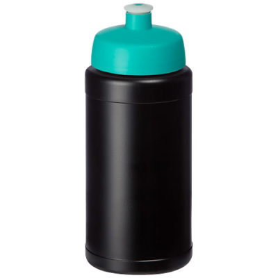 Picture of BASELINE 500 ML RECYCLED SPORTS BOTTLE in Solid Black & Aqua Blue.