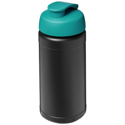 Picture of BASELINE 500 ML RECYCLED SPORTS BOTTLE with Flip Lid in Solid Black & Aqua.