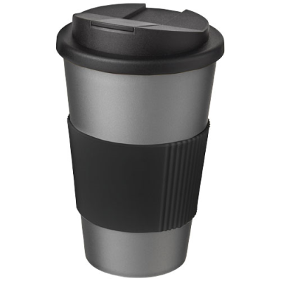 Picture of AMERICANO® 350 ML TUMBLER with Grip & Spill-Proof Lid in Silver & Solid Black.