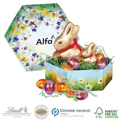 Picture of PERSONALISED LINDT EASTER HEXAGONAL GIFT BOX WITH 2 LINDT BUNNIES AND LINDOR MINI EGGS