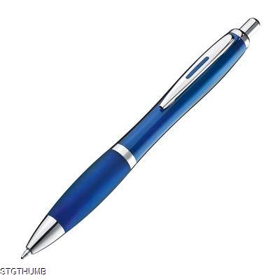 Picture of CLEAR TRANSPARENT BALL PEN with Rubber Grip in Blue.