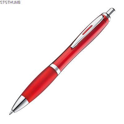 Picture of CLEAR TRANSPARENT BALL PEN with Rubber Grip in Red.