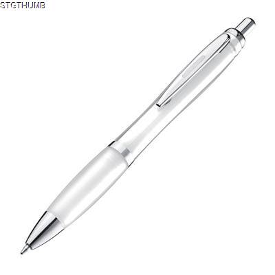 Picture of CLEAR TRANSPARENT BALL PEN with Rubber Grip in White