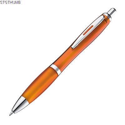 Picture of CLEAR TRANSPARENT BALL PEN with Rubber Grip in Orange.