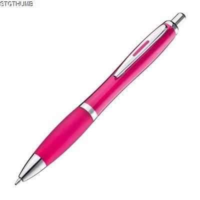 Picture of CLEAR TRANSPARENT BALL PEN with Rubber Grip in Pink.