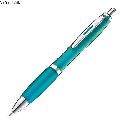 Picture of CLEAR TRANSPARENT BALL PEN with Rubber Grip in Turquoise