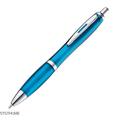 Picture of CLEAR TRANSPARENT BALL PEN with Rubber Grip in Light Blue.