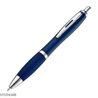 Picture of CLEAR TRANSPARENT BALL PEN with Rubber Grip in Dark Blue.