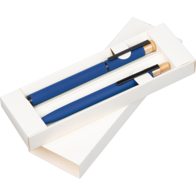 Picture of WRITING SET with Pen & Rollerball Pen Made From Recycled Aluminium Metal in Blue 