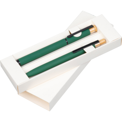 Picture of WRITING SET with Pen & Rollerball Pen Made From Recycled Aluminium Metal in Dark Green 