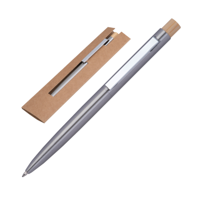 Picture of RECYCLED STAINLESS STEEL METAL BALL PEN with Bamboo Pusher Savannah in Silvergrey