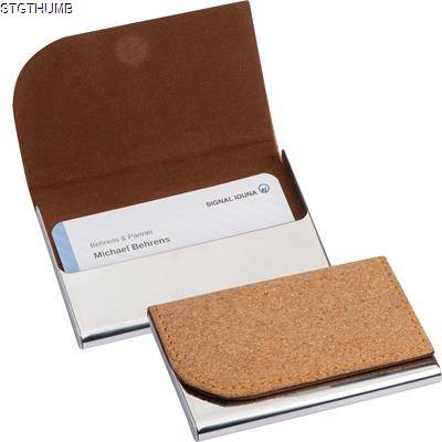 Picture of METAL BUSINESS CARD HOLDER with Cork Surface in Beige.