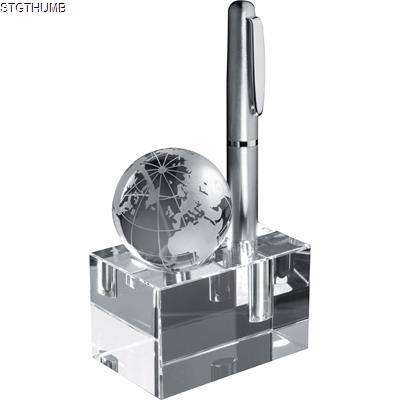 Picture of GLASS CUBE PEN STAND with Loose World Globe