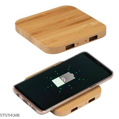 Picture of BAMBOO CORDLESS CHARGER with 2 USB Ports in Beige.
