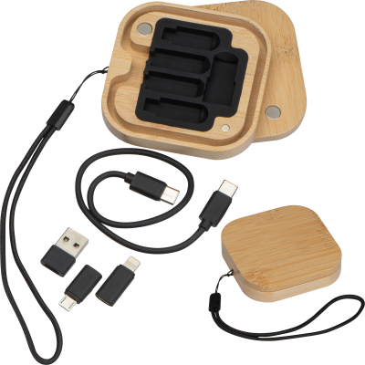 Picture of CABLE AND ADAPTER SET in a Bamboo Box in Beige.