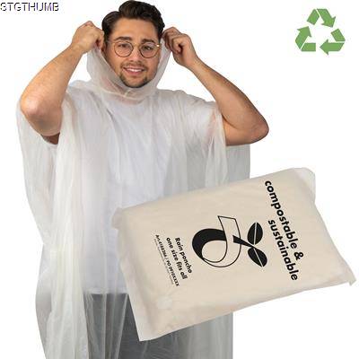 COMPOSTABLE RAIN PONCHO in Clear Transparent.