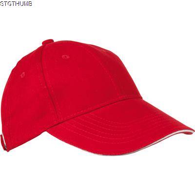 Picture of 6 PANEL SANDWICH PEAK BASEBALL CAP in Red Heavy Brushed Cotton.